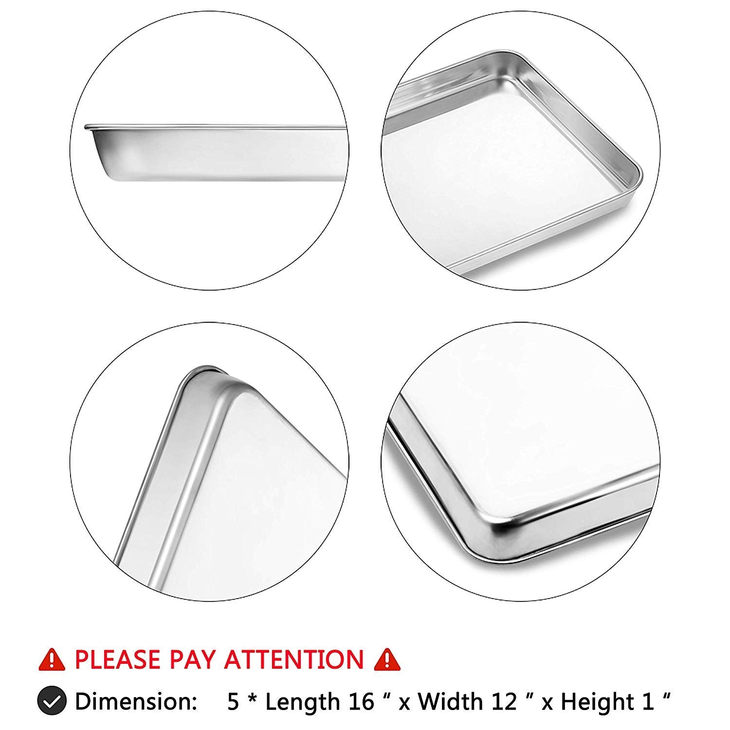 Bastwe Baking Sheet Set Of 5, Stainless Steel 5 Piece Cookie Sheet, Toaster Oven Baking Pan Set, Rectangle Size 16 X 12 X 1 Inch